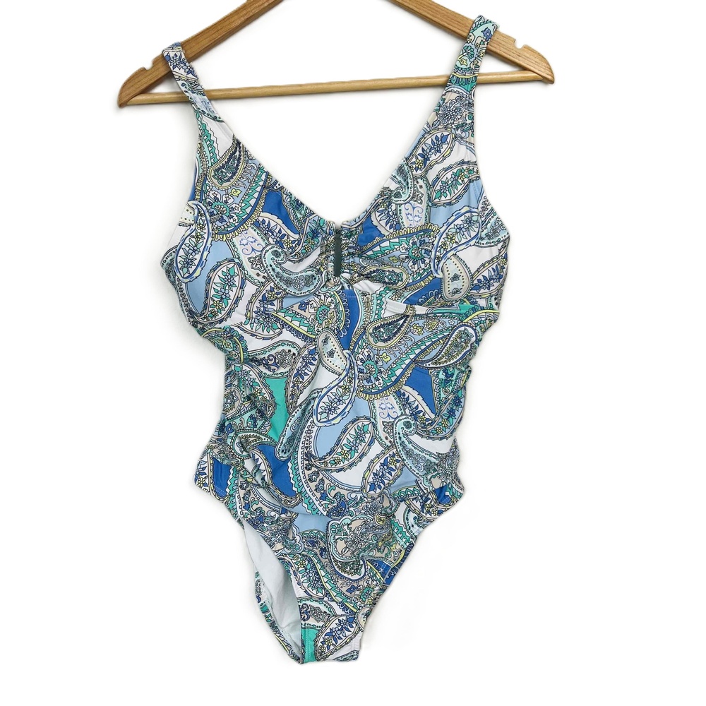 Alex Marie Size‎ 8 One-Piece Swimsuit Blue V-Neck Paisley Ruched